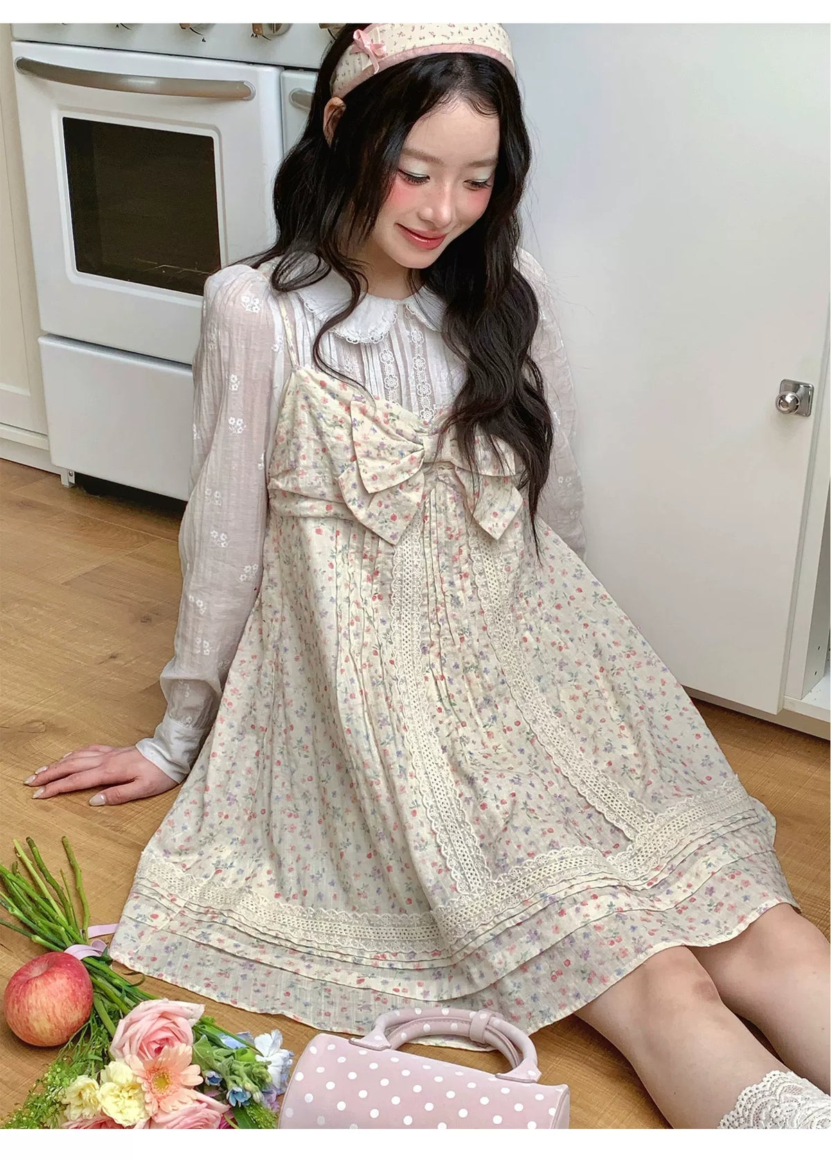[[RF] “Garden Letter” Floral Print Cream Lace Bow Camisole Mini Dress