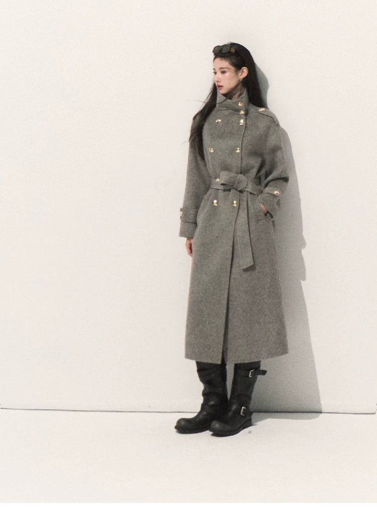 OAKMOO/ Pure Wool Belted Double-Faced Stand Collar Coat (Silver Blue / Flint Gray)