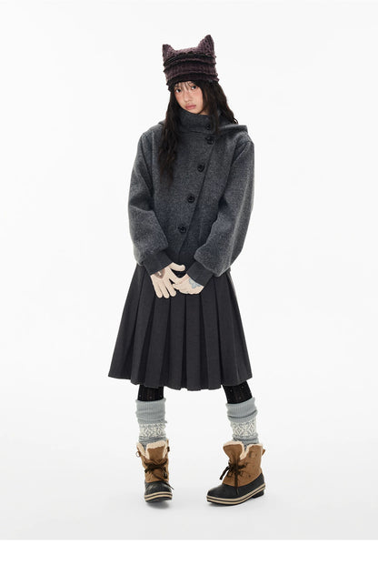 EZEK | Preppy Hooded Wool Blend Jacket with Button Front