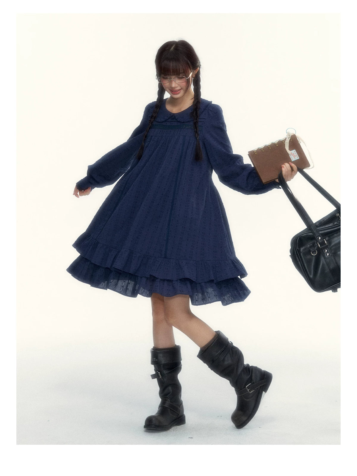 “Vintage Ribbon” Navy Peter Pan Collar Lace-Trimmed A-Line Dress