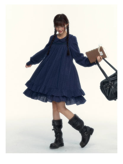 “Vintage Ribbon” Navy Peter Pan Collar Lace-Trimmed A-Line Dress