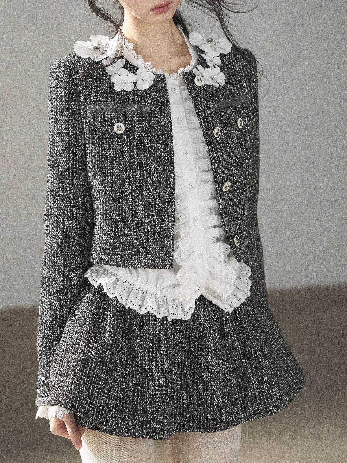 AOMALM - Black & Pearl White Tweed Jacket, Lace Blouse & Mini Skirt Set