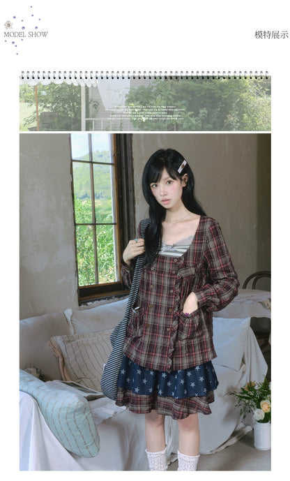 "Sage Whisper" Layered Vintage Collection (Plaid Shirt / Lace Cami / High-Waist Skirt)