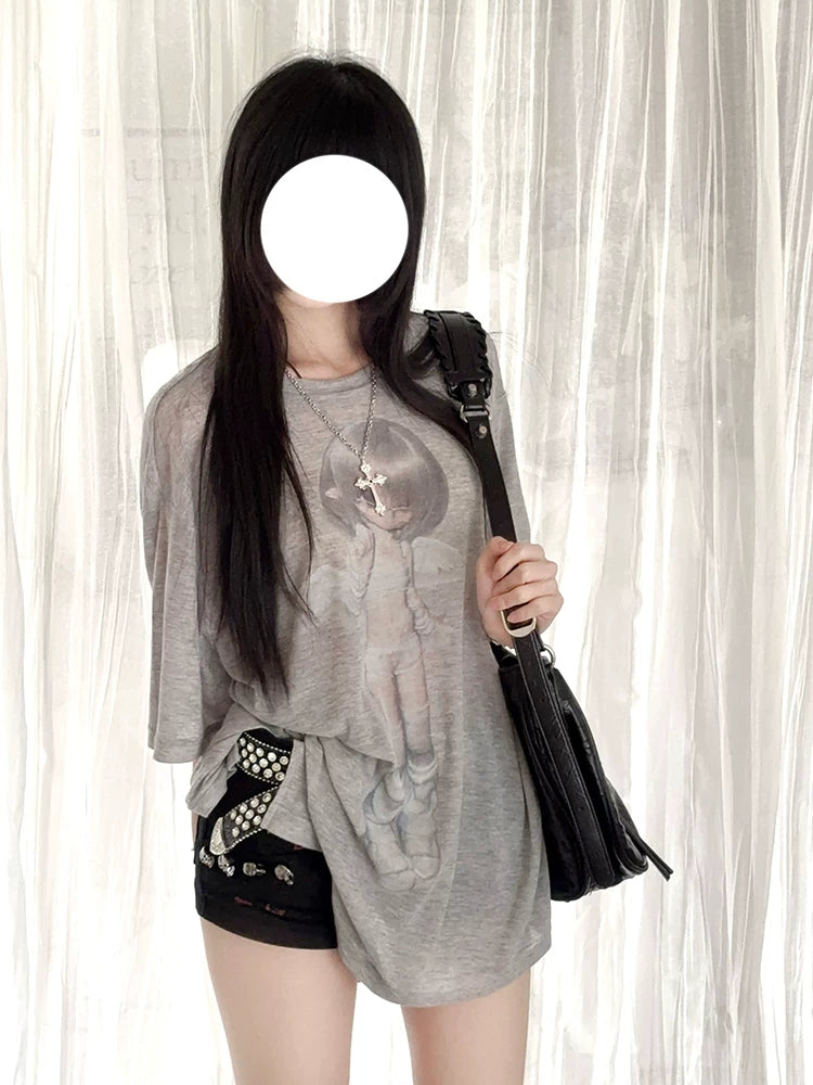 Gray & White Angel Original Licensed Two-Tone Vintage BJD Sheer Knit Cover-Up T-Shirt