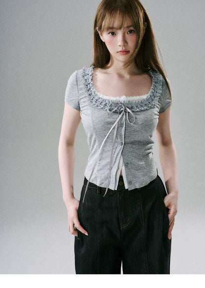 LOST FOREST - Faux-Layered Lace Short-Sleeve Top (Gray White / Black White)