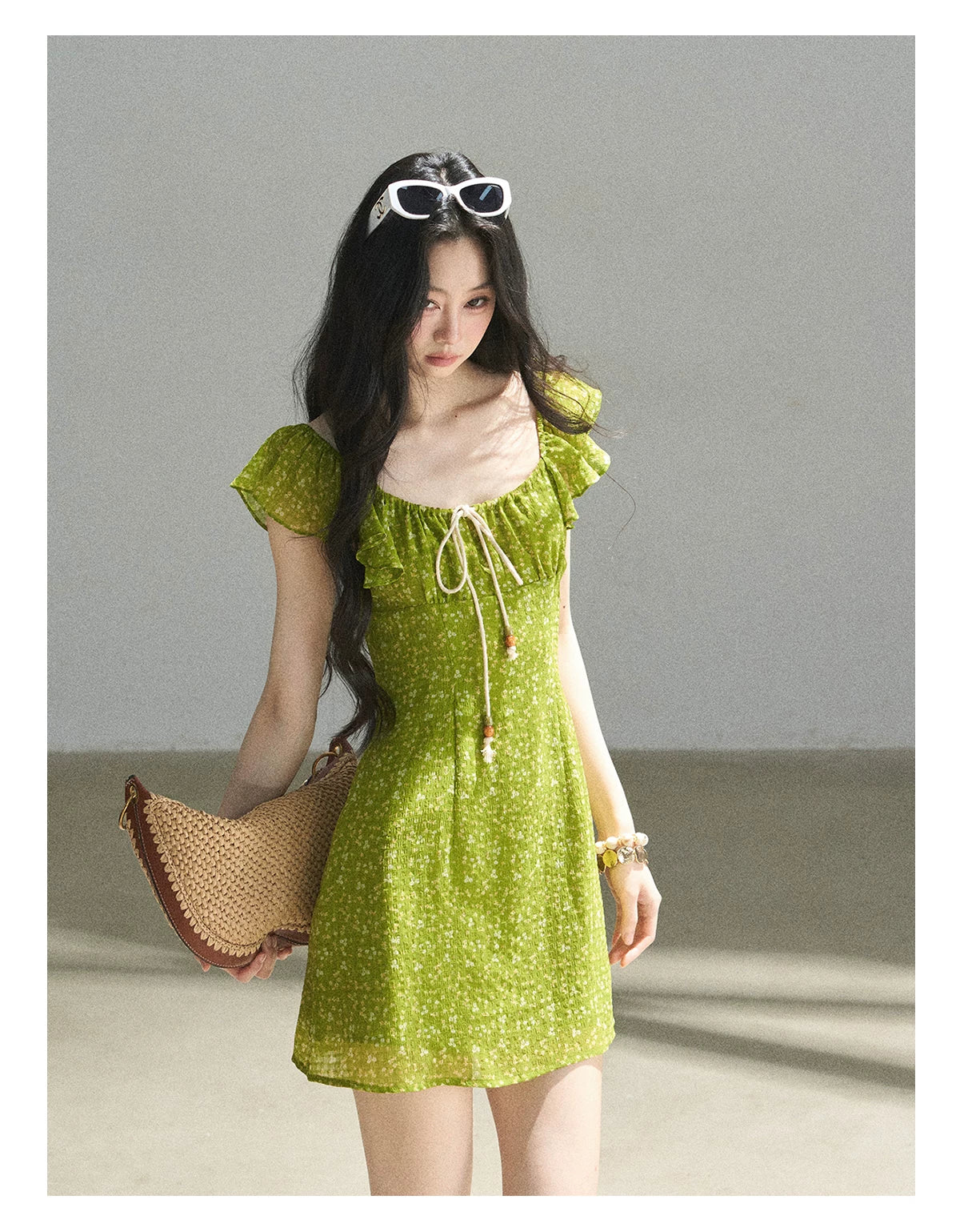 "Emerald Breeze" Primrose Green Floral Chiffon Mini Dress