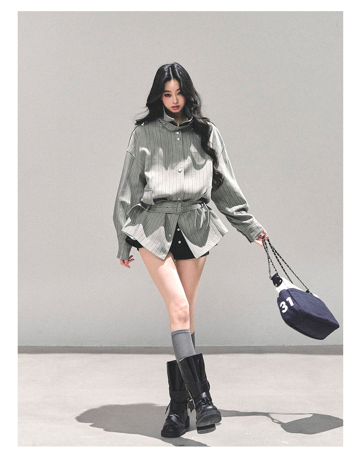 少也眼 “St. Martin Academy” French-British Striped High-Neck Jacket with Belt – Gray 94161