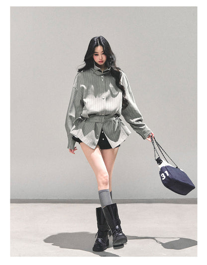 少也眼 “St. Martin Academy” French-British Striped High-Neck Jacket with Belt – Gray 94161