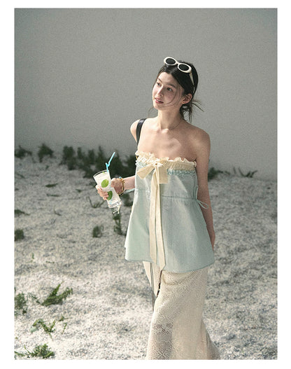 “Blue Whispers on Ivory” Mint Ruffle Bustier Top