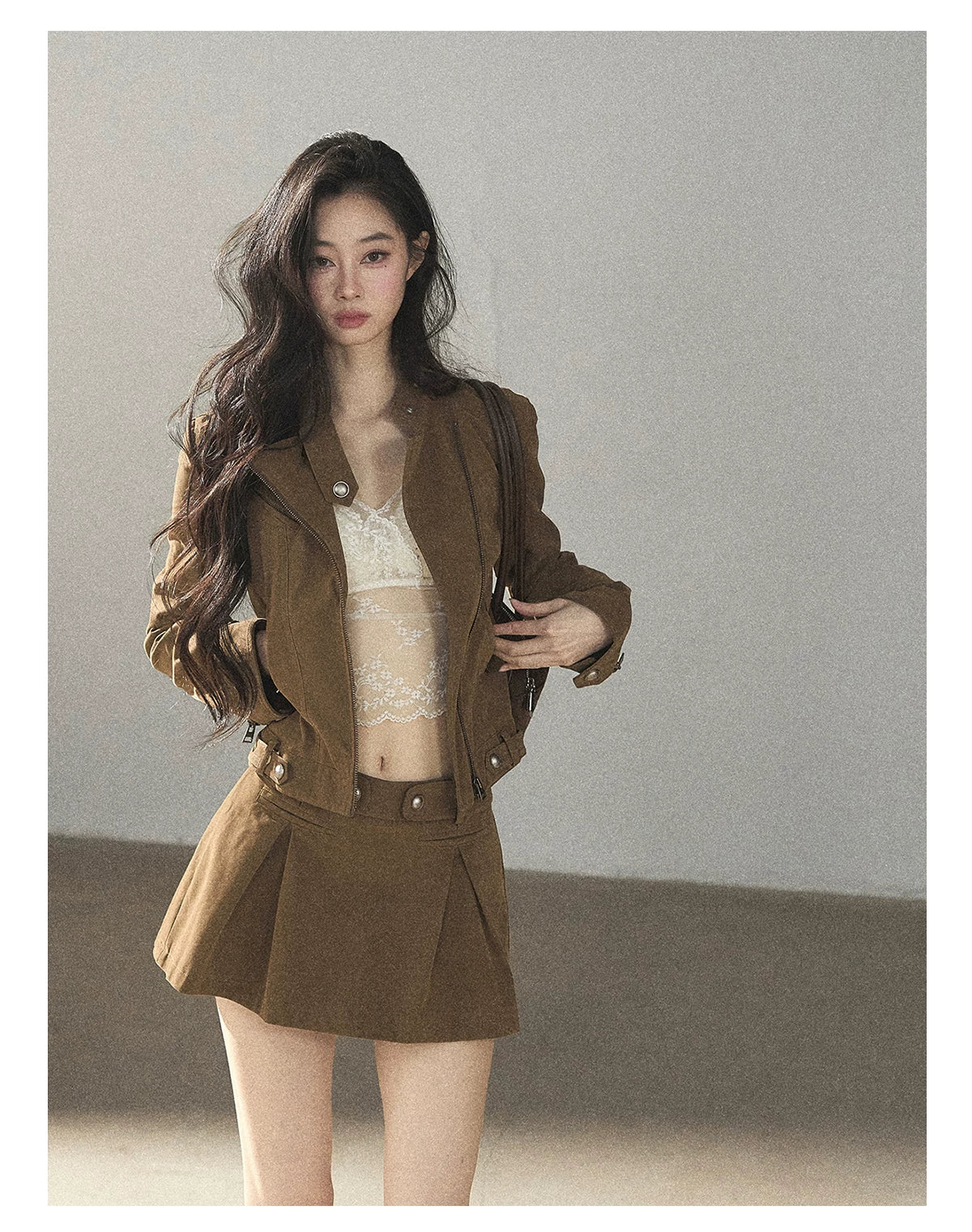 AOMALM - "Olive Autumn" Brown Faux Leather Jacket & Pleated Skirt Set