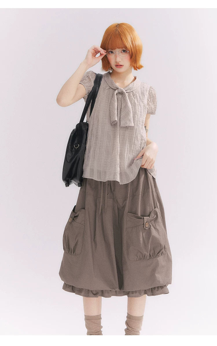 “Sweet & Cool Girl” Taupe Bow Drawstring High-Waist A-Line Cargo Skirt