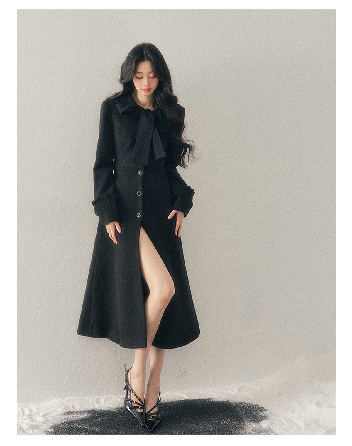少也眼 "Snowfall Night" Wool-Blend Padded Coat – Rock Black Bow Edition