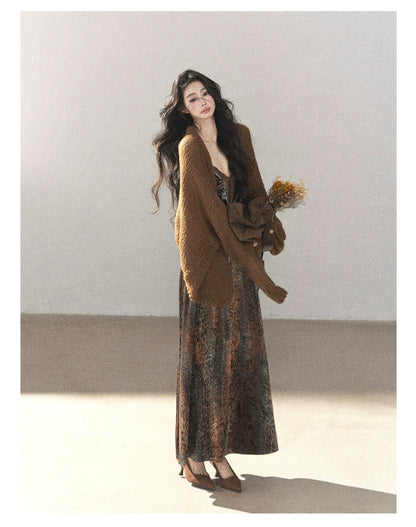 AOMALM - "Draped in Wild Wind" Cocoa Brown Leopard Flocked Bias-Cut Mermaid Maxi Dress (With Matching Hair Tie)