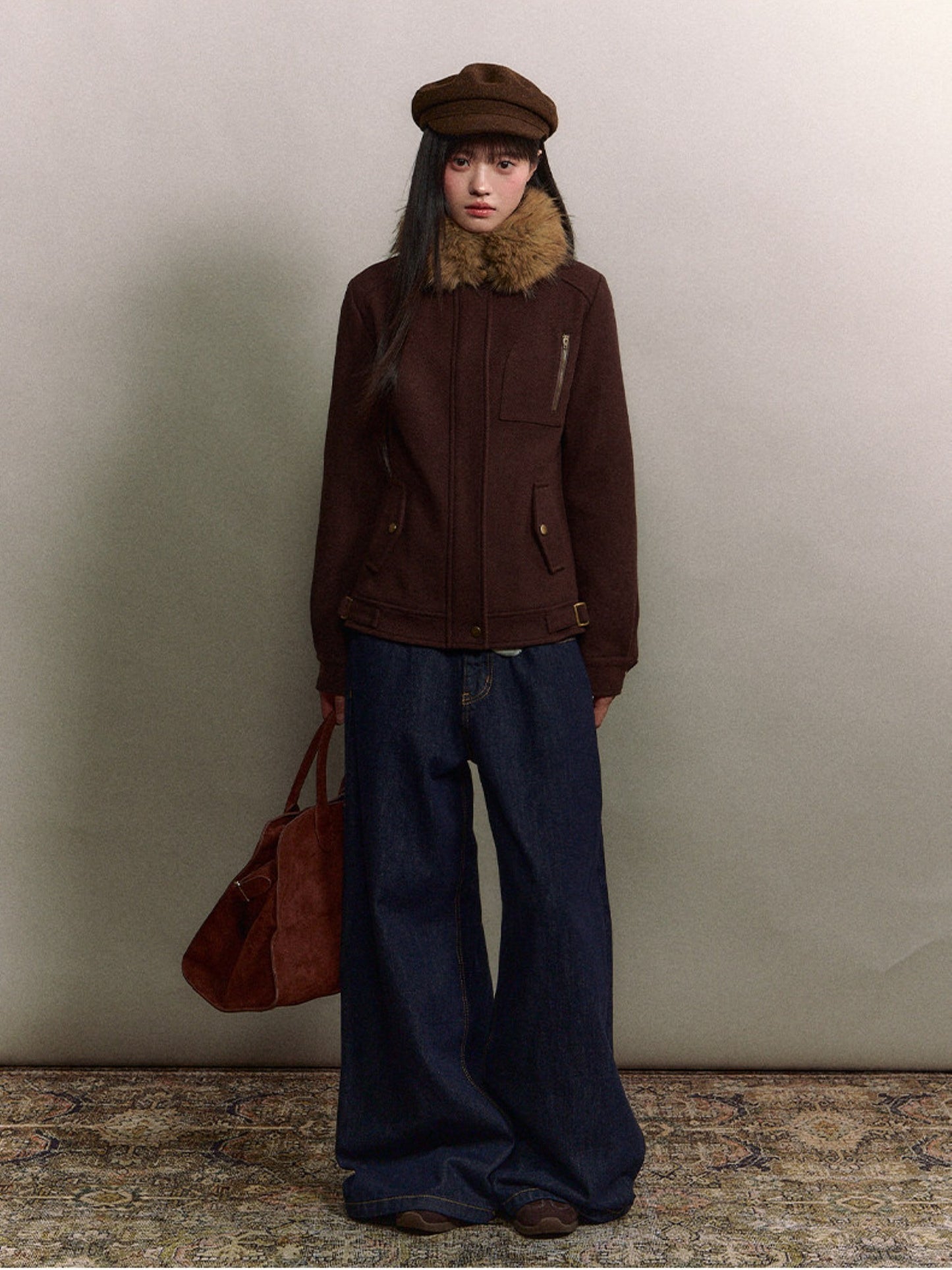 Soote Season - "Deep Roast" Twill Wool Fur-Collar Cinched Jacket