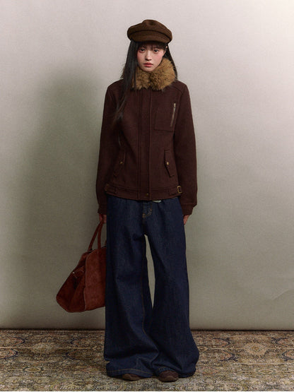 Soote Season - "Deep Roast" Twill Wool Fur-Collar Cinched Jacket