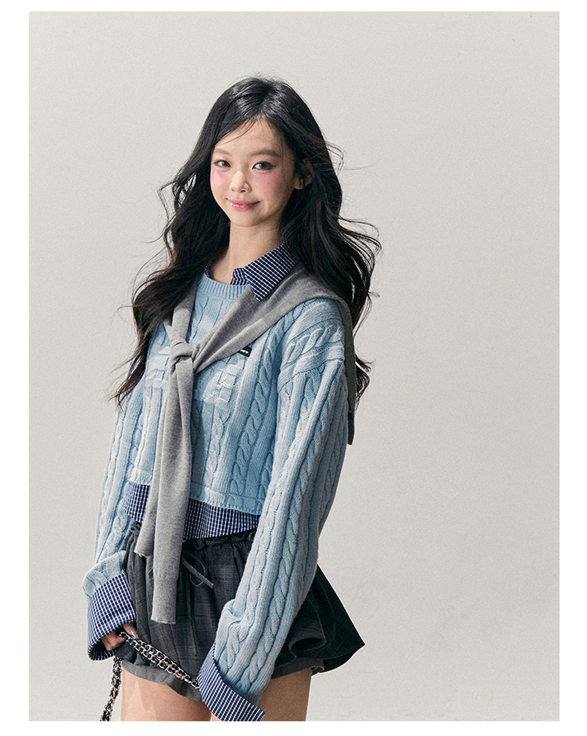 少也眼 “Falling Blue” Faux-Layered Wool Knit Sweater 658454