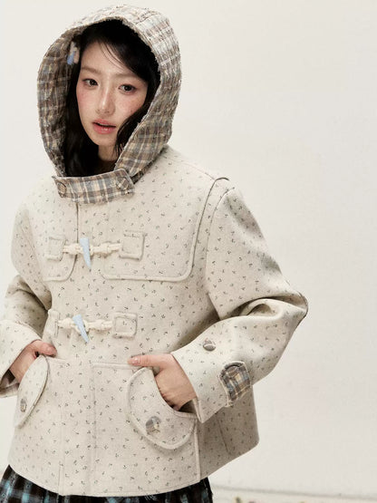 [RF] Floral Heather Beige Apricot Plaid-Trim Hooded Duffle Coat