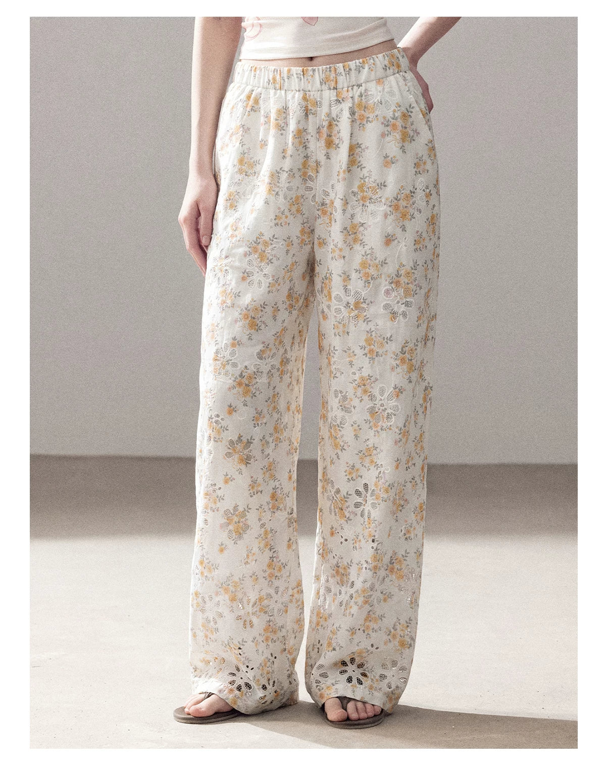 AOMALM - "A Cloud in Bloom" Primrose Yellow Floral Embroidered Lace Wide-Leg Pants