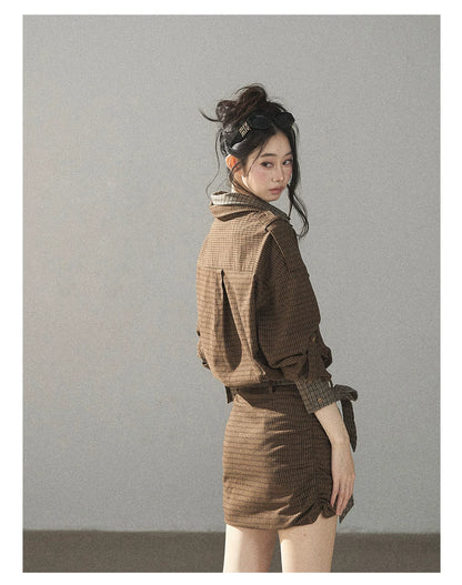 AOMALM - "A Promise Beneath the Oak" Crabapple Brown Plaid Shirt Dress with Belt