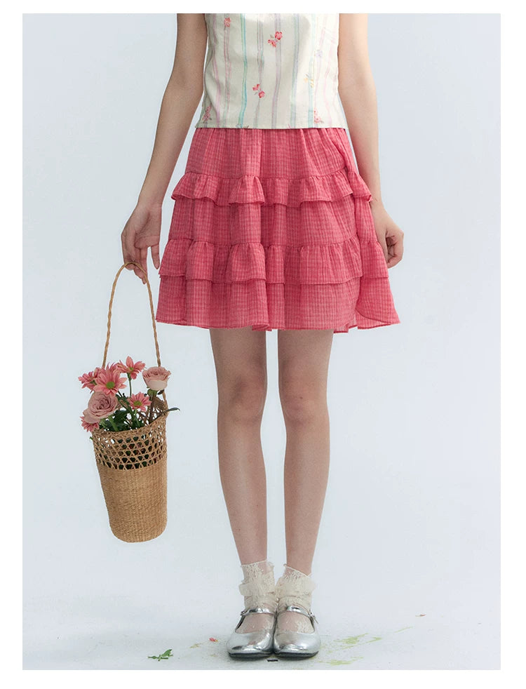 "Peach Blossom" Plum Pink Plaid Tiered A-Line Skirt