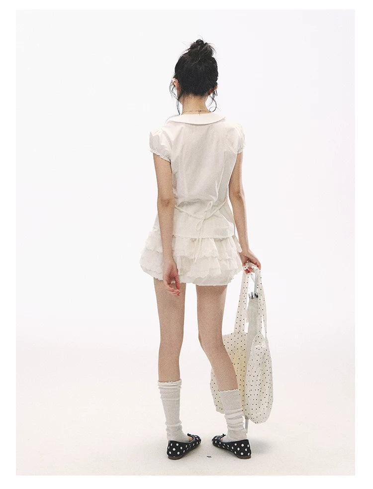 "Lace Soufflé" White Tiered Ruffle Bubble Skort