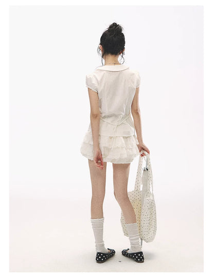 "Lace Soufflé" White Tiered Ruffle Bubble Skort