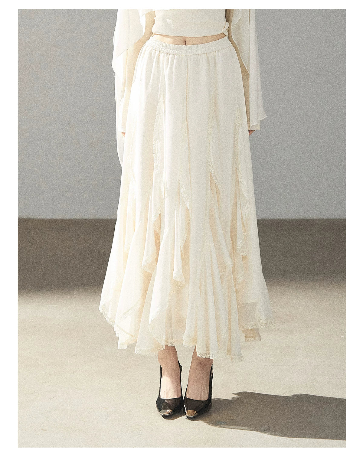 AOMALM - Cloud-Shaped French Lace Ruffle Midi Skirt – Elegant Autumn Maxi