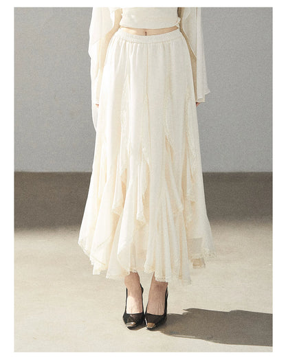 AOMALM - Cloud-Shaped French Lace Ruffle Midi Skirt – Elegant Autumn Maxi