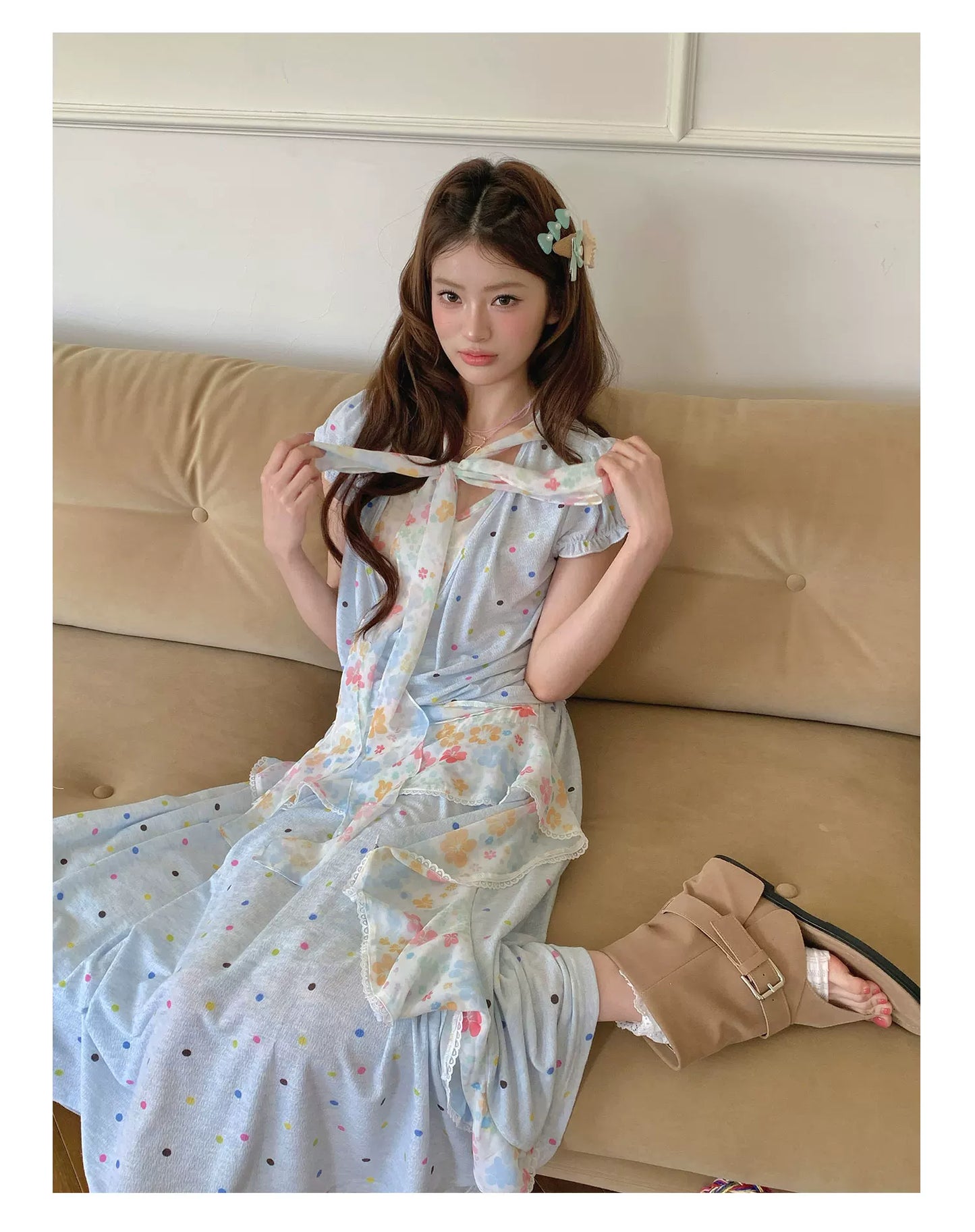 “Sea Salt Blossom Letter” Baby Blue Layered Skirt Set