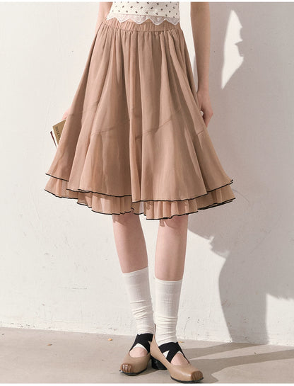 "Summer Café Encounter" Chocolate Knit Cardigan, Floral Lace Cami & Mocha Chiffon Skirt Set