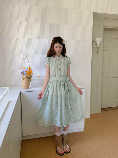 “Sage Meadow Reverie” Sage Green Embroidered Shirt Dress