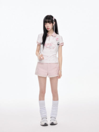 KYOUKO - Cherry Pink Lace-Trim Shorts