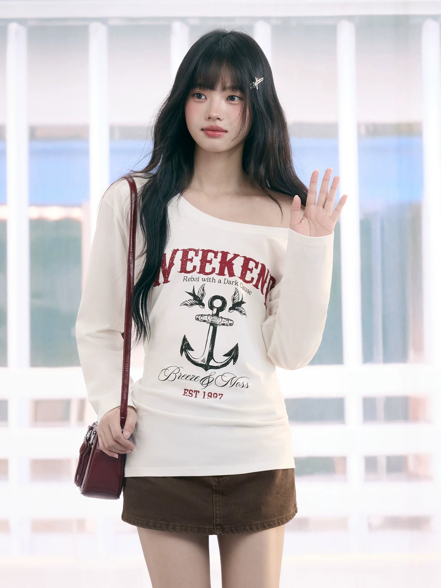 "Harbor Muse" White One-Shoulder Long Sleeve T-Shirt
