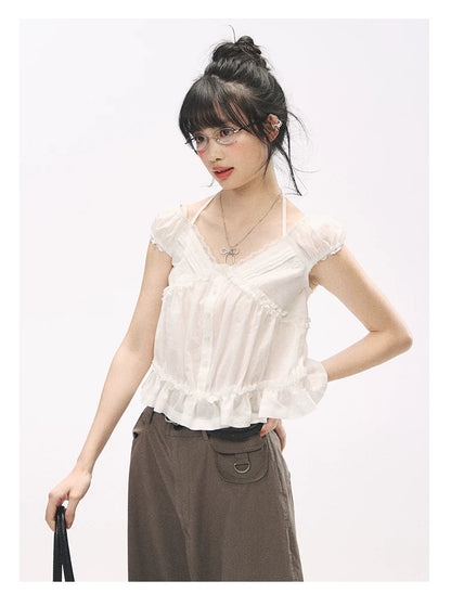 "French Meadow Romance" Ivory Lace Trim Halter Tie V-Neck Cotton Blouse
