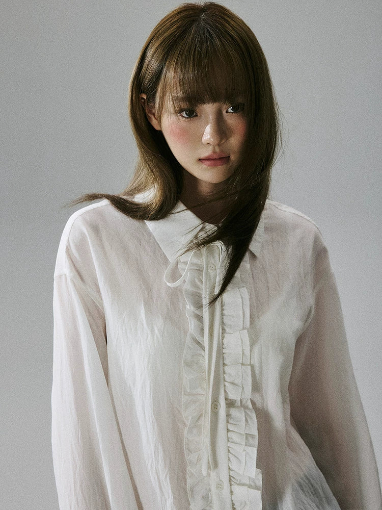 LOST FOREST - Ivory Asymmetrical Lyocell Tie-Strap Blouse with Ruffle Trim
