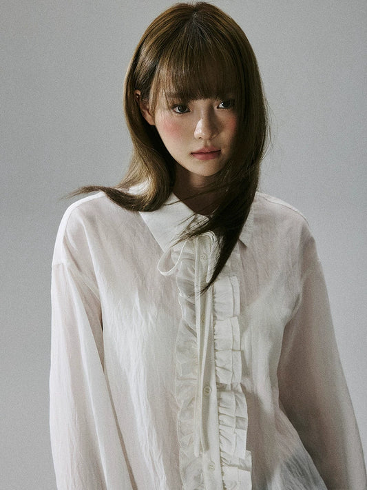 LOST FOREST - Ivory Asymmetrical Lyocell Tie-Strap Blouse with Ruffle Trim