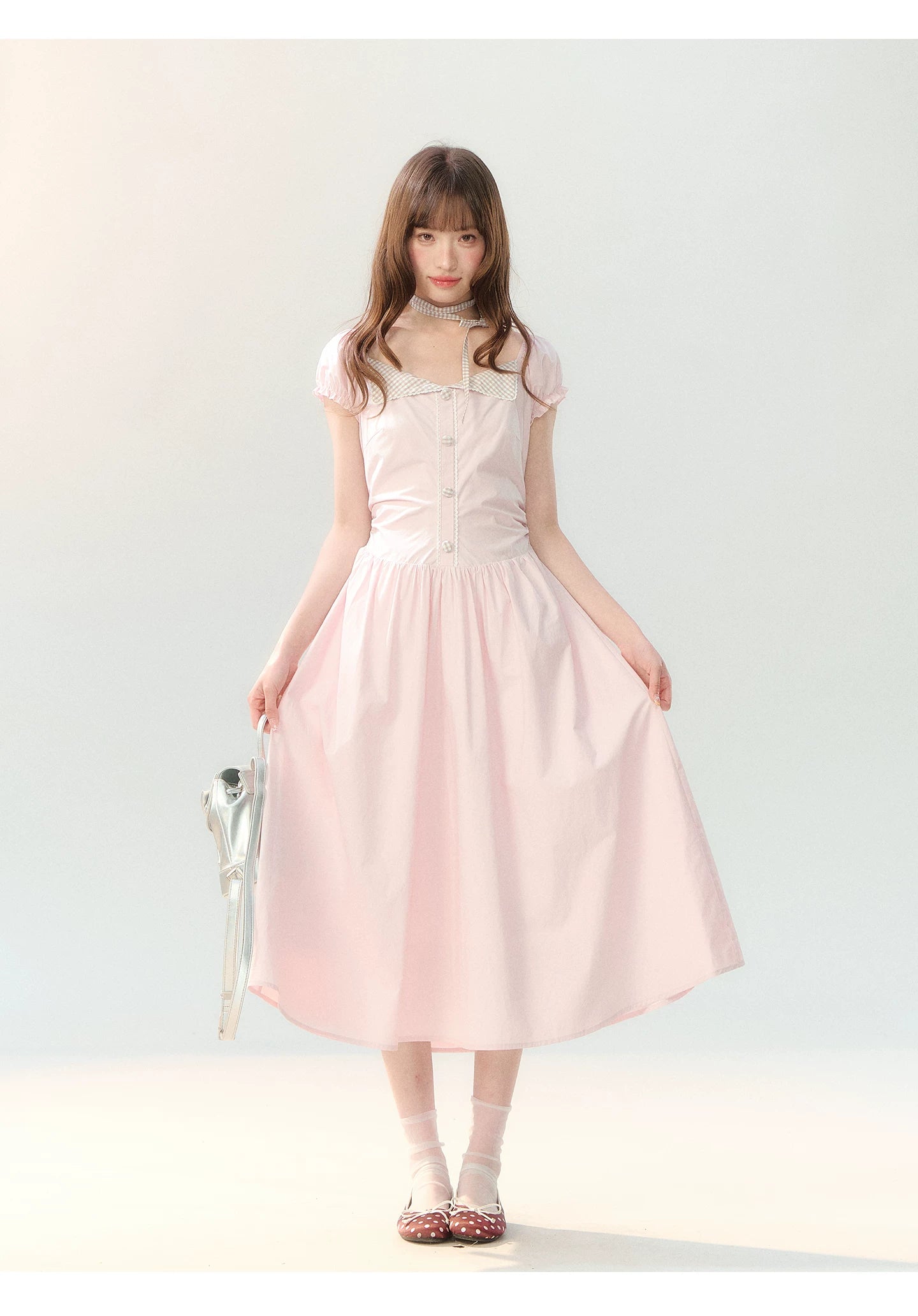 "Sakura Breeze Journal" Blush Pink Plaid Collar Dress LL2026226