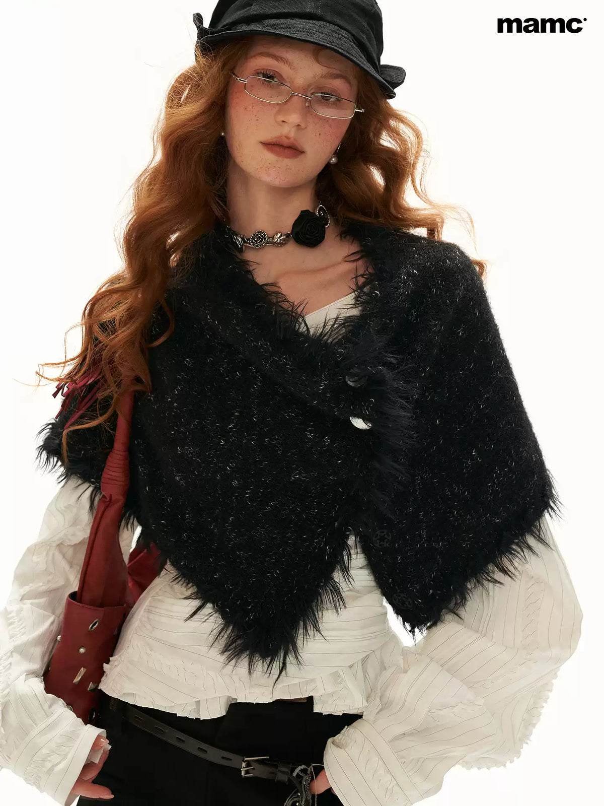 MAMC - Textured Two-Way Knit Scarf & Shawl with Long-Hair Fringe (Black / White)