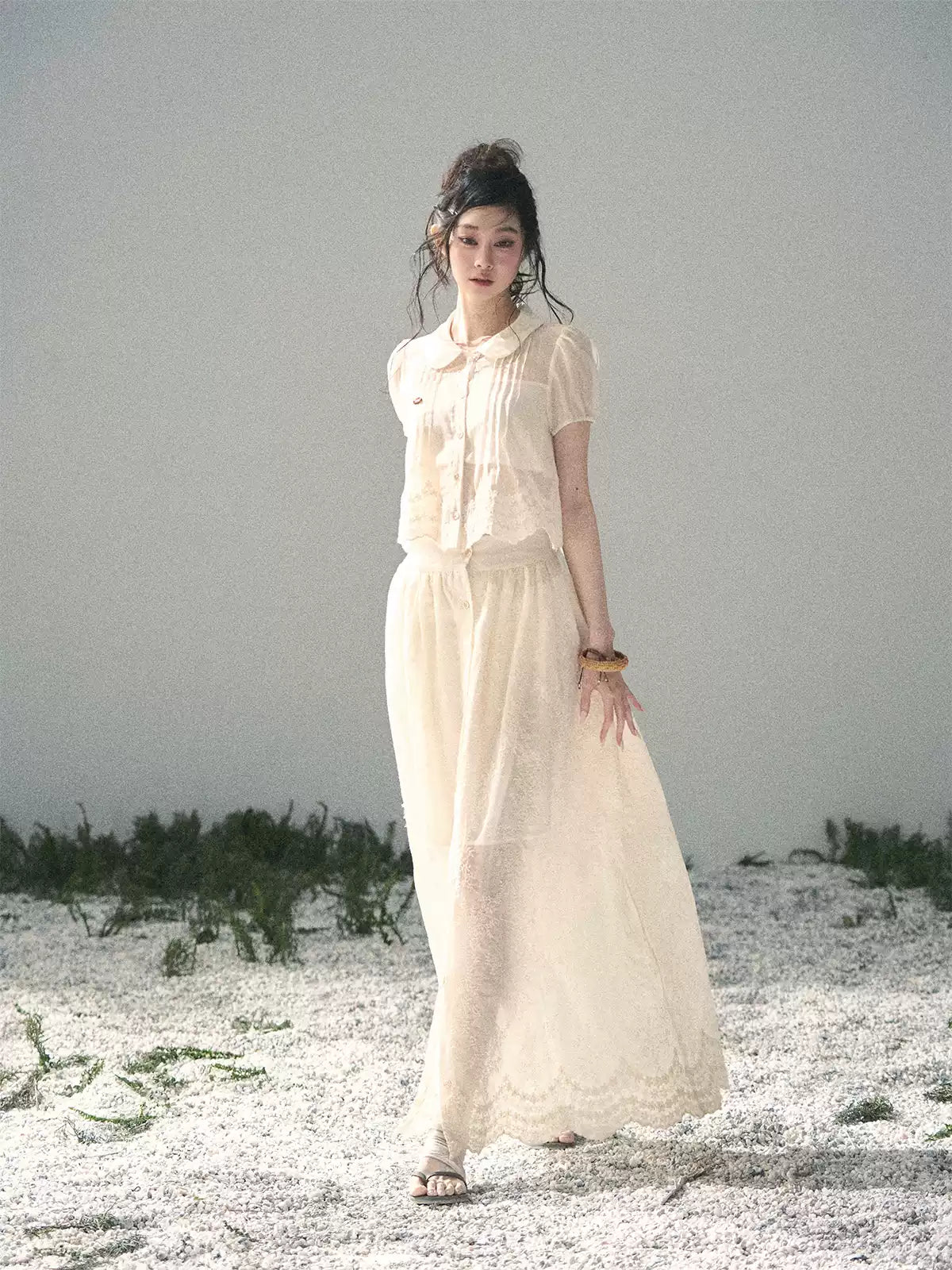 "Apricot Blossom After Rain" Dutch Cheese Lace Blouse & Maxi Skirt Set 532453
