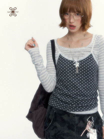 “Heart Dot” Charcoal Polka Dot Lace Trim Fitted Knit Cami