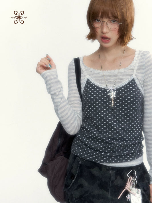 “Heart Dot” Charcoal Polka Dot Lace Trim Fitted Knit Cami