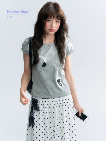 "Walkman Days" Retro Appliqué Puff Sleeve Tee