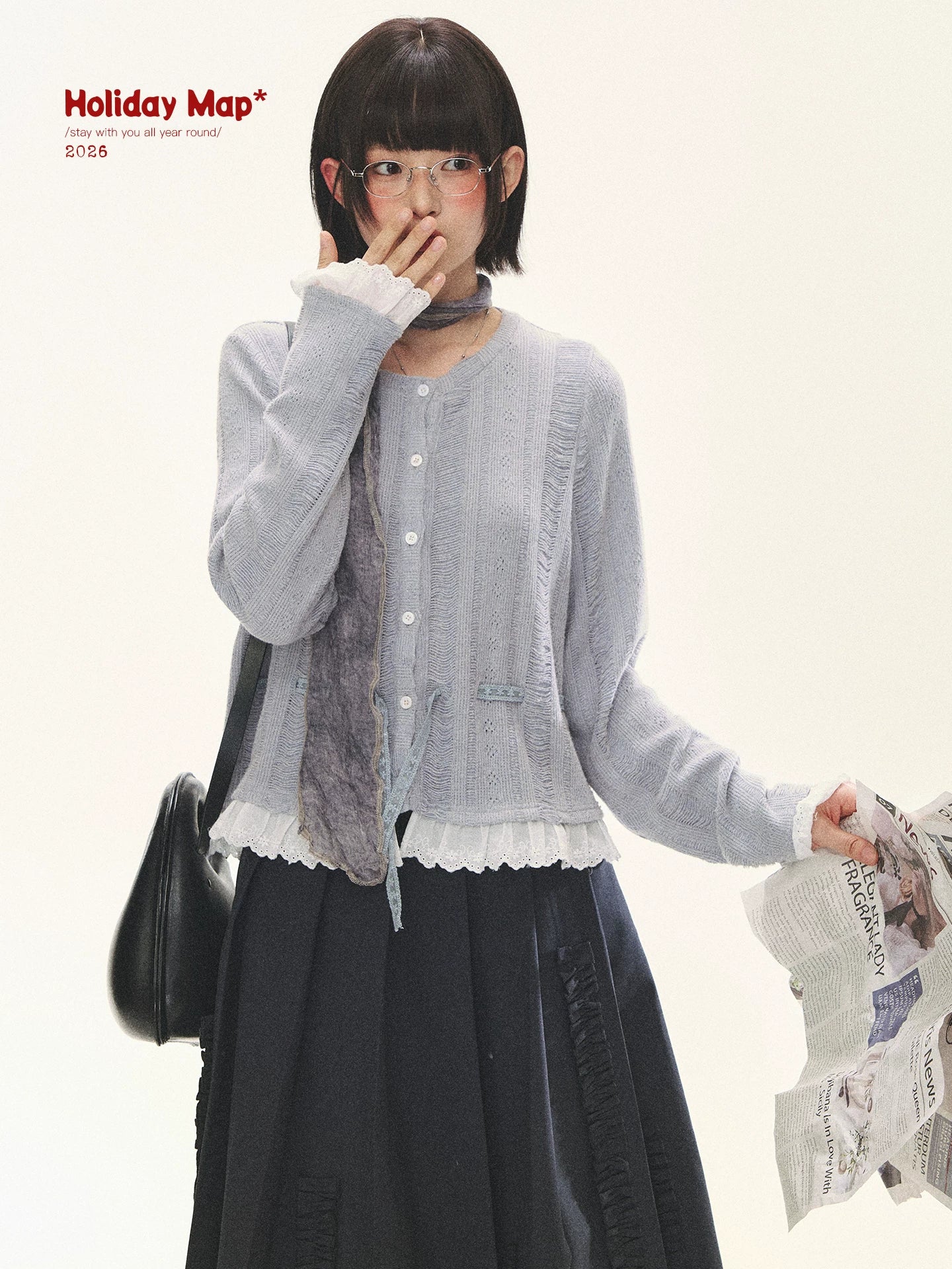 "Wisteria Whisper" Open-Knit Lace Tie Cardigan (Wisteria/ Ivory)