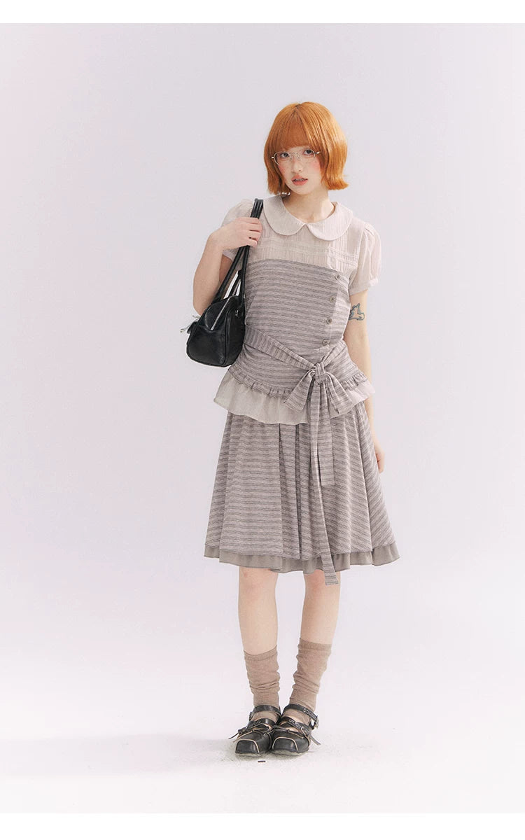 “Old Keepsake Letters” Frost Gray Doll Collar Lace Two-Piece Set