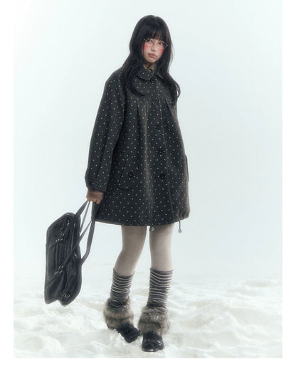 Horridale - Peter Pan Collar Pleated Mid-Length Wool-Blend Coat – Gray Polka Dot