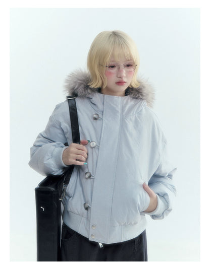 Horridale - Mist Blue Hooded Down Jacket with Detachable Faux Fur Collar