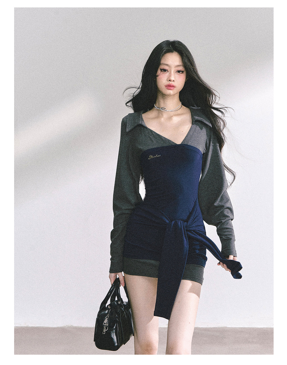 少也眼 “Campus Rebel" Checkered Bodycon Mini Dress - Navy Blue 514354