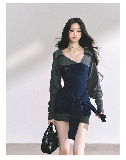 少也眼 “Campus Rebel" Checkered Bodycon Mini Dress - Navy Blue 514354