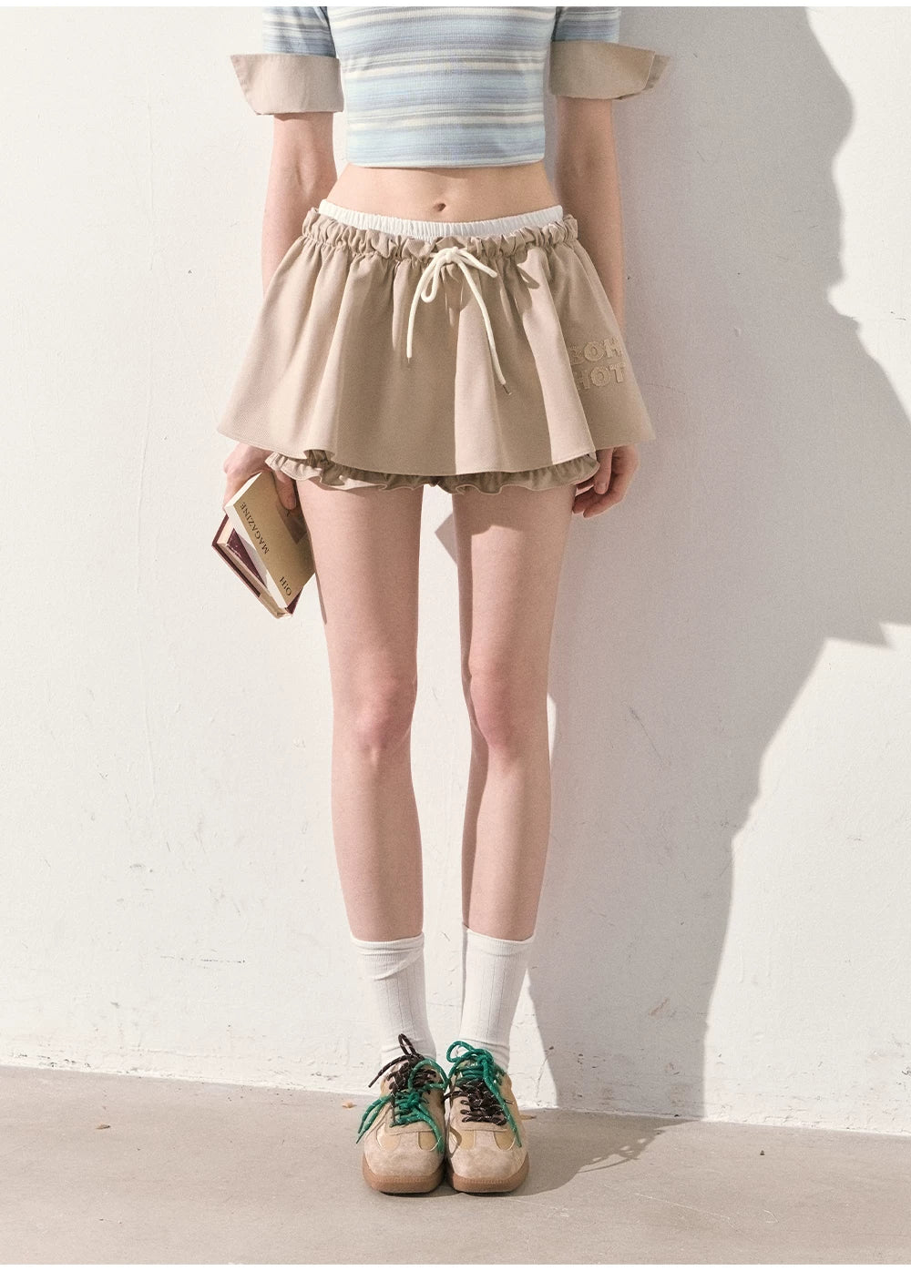 "The Space Between" Beige Drawstring Bubble Mini Skirt