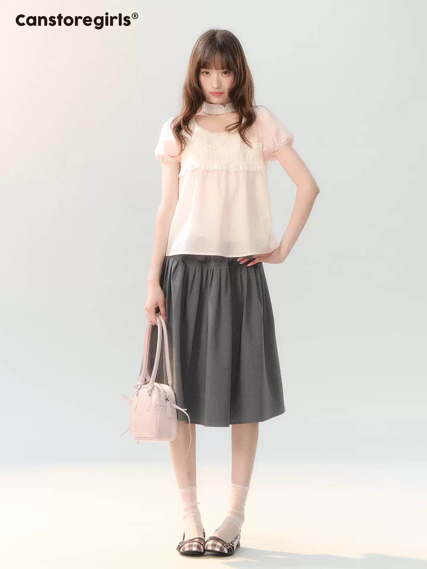 "Pink Mist Notes" Blush Pink Lace Puff Sleeve Blouse  LL2026217